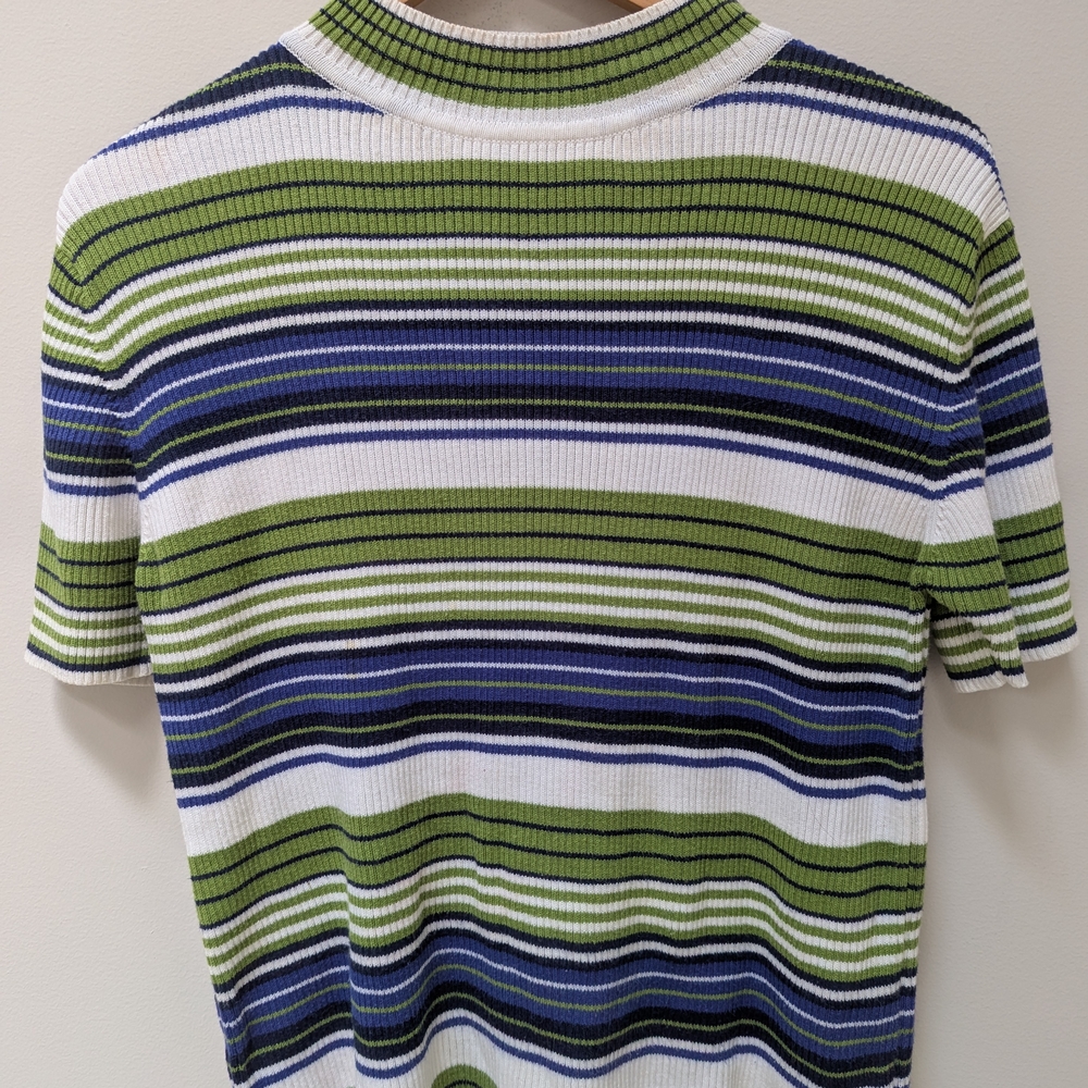 Kim Rogers Ribbed Striped Knit Tee | Y2K PL Green Blue White